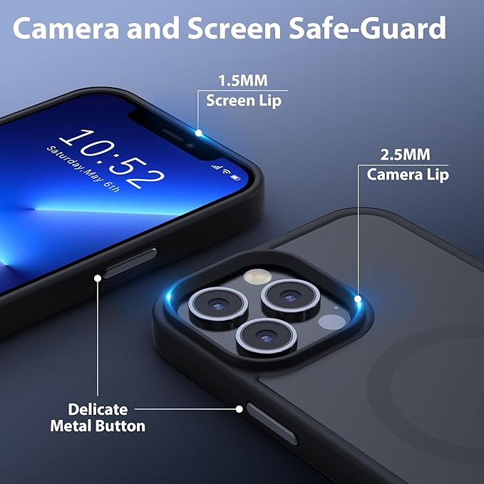 Magnetic Case for iPhone 14 pro max Case [10FT-Grade Drop Tested & Compatible with MagSafe] Translucent Anti-Fingerprint Anti Shockproof Protective Shell 6.7 Inch, Black