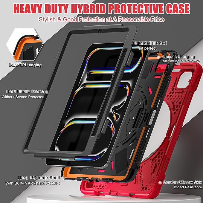 Batianda Case for iPad Pro 13-inch 2025 M5 2024 M4 Chip Heavy Duty Rugged Durability Silicone Tablet Cover with 360° Rotating Hand Strap Foldable Hidden Stand & Shoulder Strap, Red