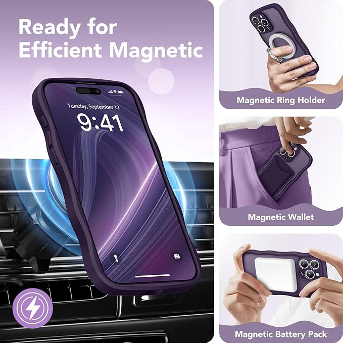 CAPRARO Cute for iPhone 15 Pro Max Case, Compatible with MagSafe, [Curly Wave Edge] [Full Camera Protection] [14 FT Drop Protection] Magnetic Phone Case for 15 Pro Max 6.7 Inch, Deep Purple