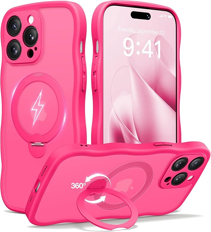 CAPRARO for iPhone 14 Pro Case with 360° Spin Magnetic Stand for Women, [Compatible with MagSafe] [Full Camera Protection] Cute Wave Translucent Matte Case for iPhone 14 Pro,Hot Pink