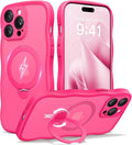 CAPRARO for iPhone 14 Pro Max Case with 360° Spin Magnetic Stand for Women, [Compatible with MagSafe] [Full Camera Protection] Cute Wave Translucent Matte Case for iPhone 14 Pro Max, Hot Pink