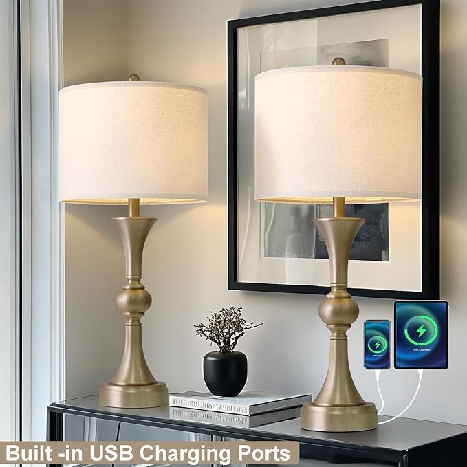 Oneach 28" Modern Table Lamps Set of 2 for Living Room, Warm Gold Bedside Lamps with USB Ports, Nightstand Lamps Set for Bedroom Farmhouse Lamp End Table Lamps (Bulbs not Included)