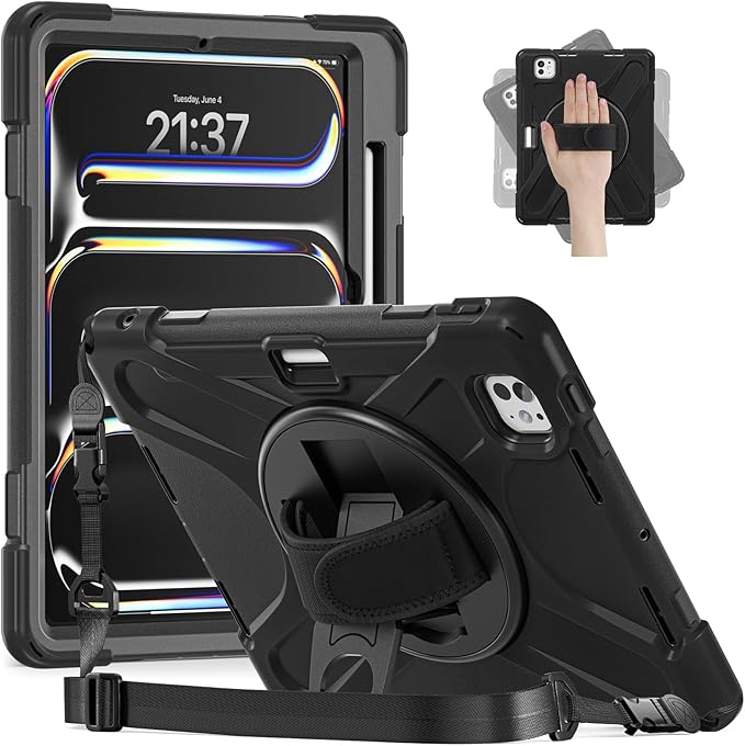 Batianda Case for New iPad Pro 11-inch 2025 M5 2024 M4 Chip Heavy Duty Rugged Durability Silicone Tablet Cover with 360° Rotating Hand Strap Foldable Hidden Stand & Shoulder Strap, Black