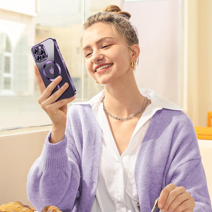 Hython Magnetic Clear for iPhone 14 Pro Case with Camera Lens Protector [Compatible with MagSafe] Luxury Plating Edge Slim Soft TPU Cover Protective Phone Case for iPhone 14 Pro 6.1", Deep Purple