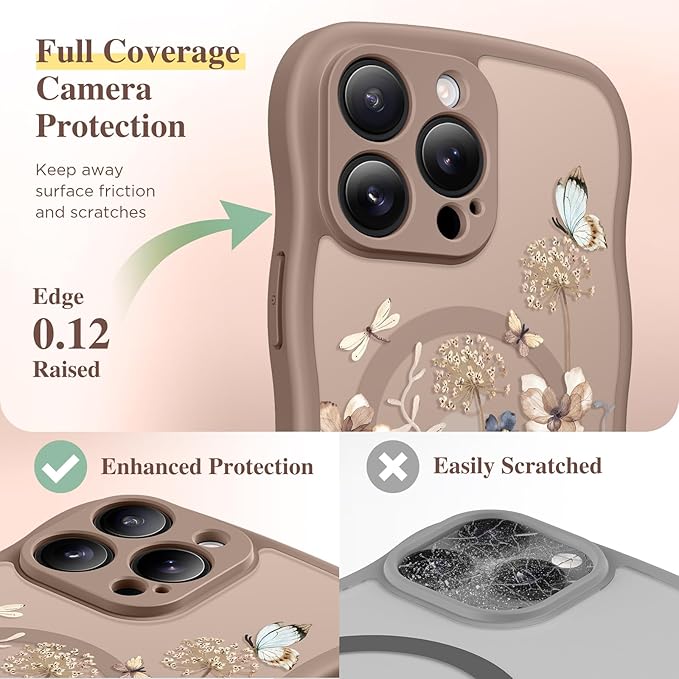 GVIEWIN for iPhone 16 Pro Max Case Compatible with MagSafe [Curly Wave Edge][Full Camera Protection] Floral Translucent Shockproof Magnetic Women Phone Case for 16 Pro Max, Autumnflit/Brow