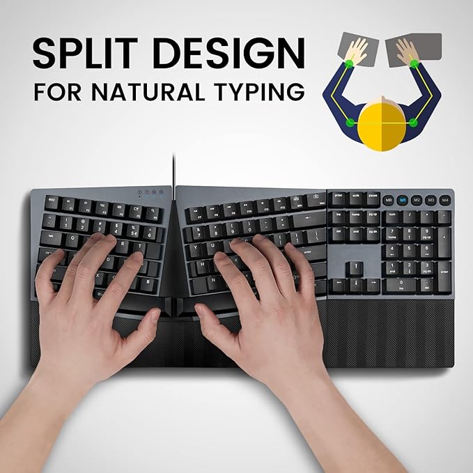 Perixx PERIBOARD-535RD Wired Ergonomic Mechanical Split Keyboard - Low-Profile Red Linear Switches - Programmable Feature with Macro Keys - Compatible with Windows and Mac OS X - US English, Black