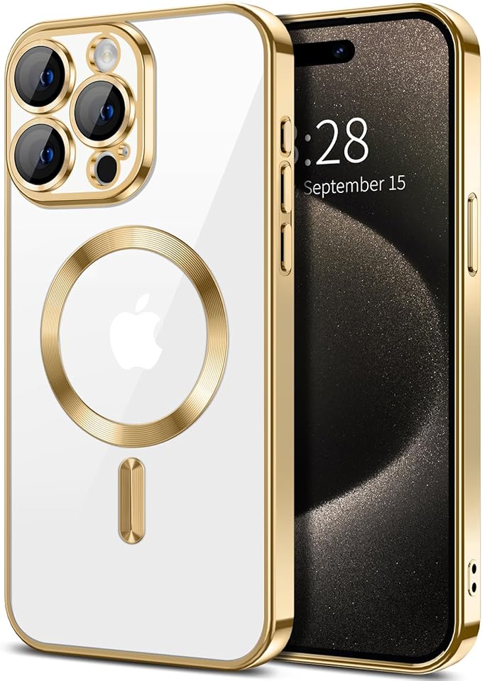 Hython Magnetic Clear for iPhone 15 Pro Case with Camera Lens Protector [Compatible with MagSafe] Luxury Plating Edge Slim Soft TPU Cover Protective Phone Case for iPhone 15 Pro 6.1", Gold