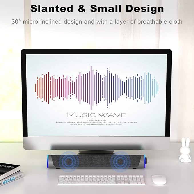 SOULION R30 Computer Speakers, USB Powered PC Speaker, Colorful LED Lights with Switch Button, 3.5mm Aux Surround Soundbar for Desktop Laptop Monitor Office Work Music Gray