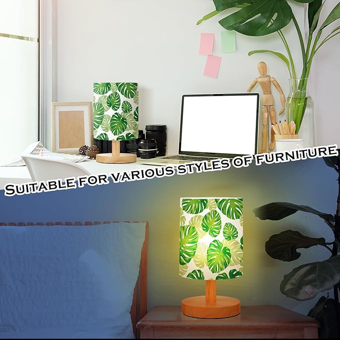 VIHOSE Jungle Animal Table Lamp Bedside Table Lamp Monstera Palm Leaves Vintage Nightstand Light with Linen Fabric Shade Solid Wood Base Decoration for Living Room Bedroom Desk Dorm