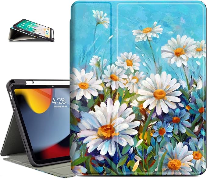 Vimorco for iPad A16 Case 11-inch 2025, for iPad (A16) 11th/10th Generation Case Pencil Holder, Typing Stand & 4 Viewing Angles, Faux Leather Slim Cover, Auto Sleep/Wake, Daisy Flower