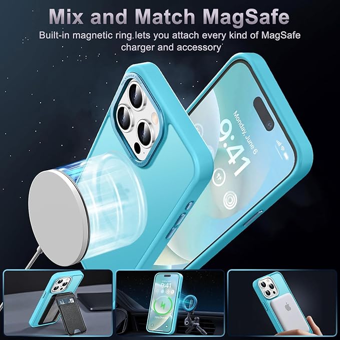 Newfuture Magnetic for iPhone 15 Pro Case [Compatible with Magsafe] [Military Grade Drop Protection] Translucent Matte Anti-Fingerprint Shockproof Phone Case for iPhone 15 Pro 6.1 inch, Lake Blue