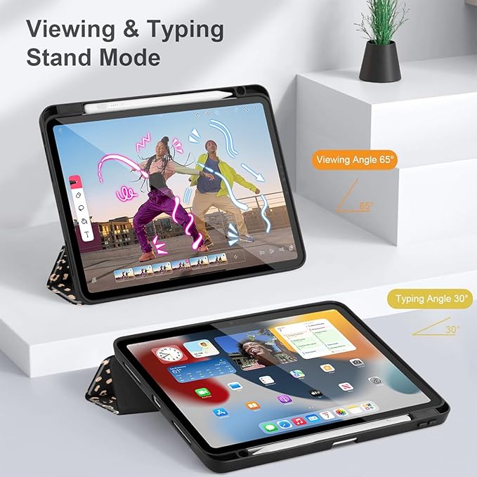 May Chen for iPad Pro 13 Inch Case M5 2025 / M4 2024, Built Pencil Holder & Clear Transparent Print Back Shell Slim Stand Shockproof Tablet Cover, Auto Wake/Sleep, Leopard Print