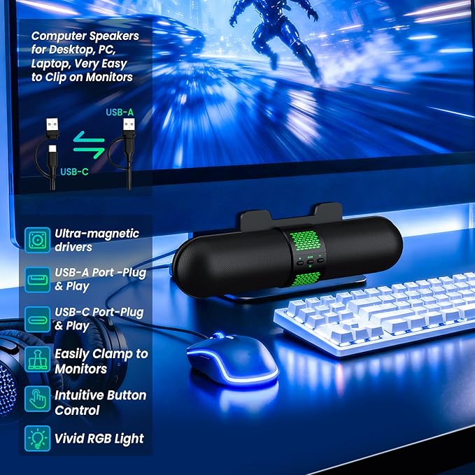 BESTISAN Computer Speaker, Bluetooth 5.3/Wired USB A/C Connection, 6 RGB Light Modes, Gaming Soundbar for PC/Laptop/Desktop, USB A/C Adapter, Loud Sound, Easily Clamps to Monitor, Convenient Controls
