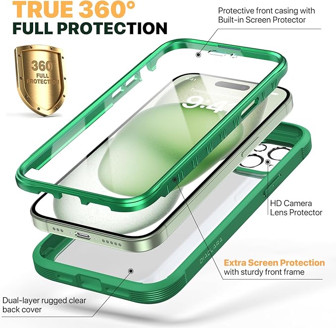 Diaclara Designed for iPhone 15 Plus Case 6.7 Inch, Full-Body Clear Bumper Cases w/Built-in Screen Protector, 360 Protective Rugged Case + Glass Camera Lens Protector,Mint Green