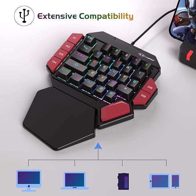 MageGee One Handed Professional Gaming Keyboard, RGB Backlit 35 Keys Mini Wired Mechanical Keyboard with Red Switch for PC Gamer, Support 6 Macro Keys - Black/Red