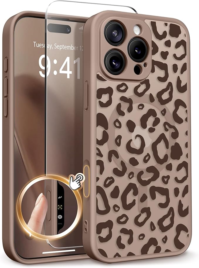 GVIEWIN for iPhone 16 Pro Max Case Compatible with MagSafe, [Military Grade Protection] [Screen Protector] Full Camera Protection Floral Translucent Women Magnetic Phone Case, Leopard/Brown