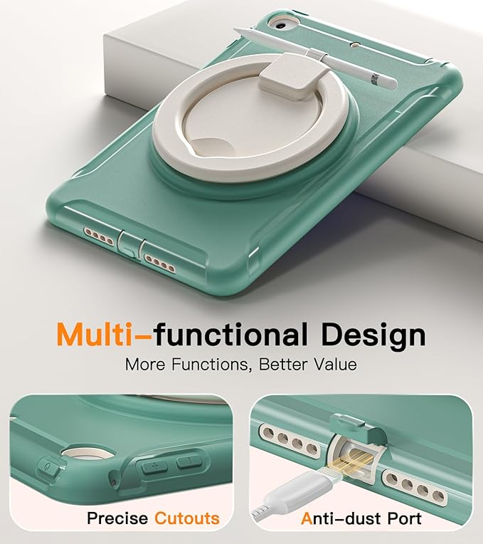 BATYUE Shockproof Case for iPad mini 4/5 (2015/2019) - 360° Multi-Angle Stand (Portrait & Landscape) & Grip, Pencil Holder (Elastic Loop), Multi-Scene for All Ages, Jade Green