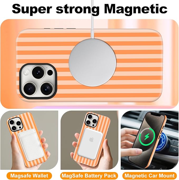 Magnetic for iPhone 16 Plus Case Cute Stripes Phone Case, Shockproof Slim TPU and Hard PC Protective Phone Cover Compatible with MagSafe Designed for Women Girls, Orange