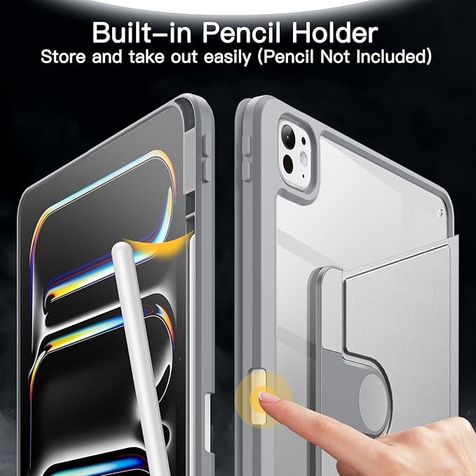 JETech Rotating Case ONLY for iPad Pro 13-Inch M5/M4 (2025/2024) with Pencil Holder, 360 Degree Rotation Protective Stand Cover Clear Back (Silver)