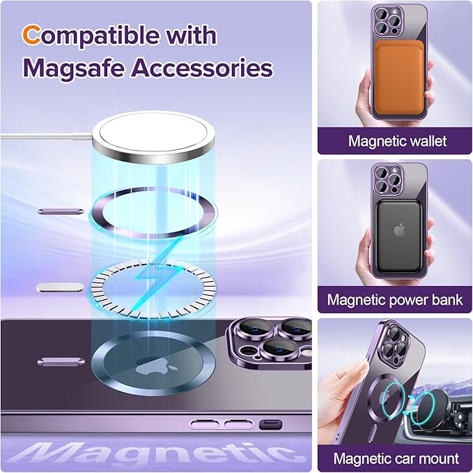 Hython Magnetic Clear for iPhone 14 Pro Max Case with Camera Lens Protector [Compatible with MagSafe] Plating Edge Slim Soft TPU Cover Protective Phone Case for iPhone 14 Pro Max 6.7", Deep Purple