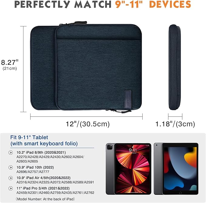 MoKo 9-11 Inch Tablet Sleeve Bag Carrying Case with Storage Pockets Fits New 11-inch iPad Air M4 2026/iPad Pro M5, iPad Pro/A16 11, iPad Air 5/4th 10.9, iPad 9/8th 10.2, Tab S8/S9 11, Indigo