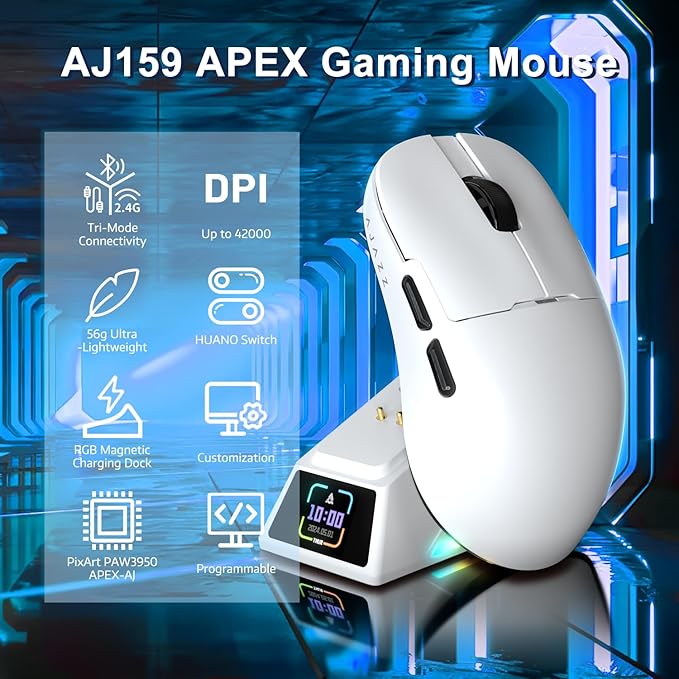 Yindiao AJAZZ AJ159 APEX Wireless Gaming Mouse with Magnetic Charging Base, 56g Lightweight BT/2.4G/USB-C Wired Mouse, PAW3950APEX 42K DPI Optical Sensor, Programmable Buttons for PC/Mac/Win(White)