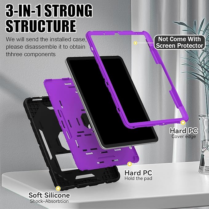 Grifobes Case for iPad Air 11-inch (M4/M3/M2) 2026/2025/2024,for iPad Air 5th/4th Generation 2022/2020 10.9",Heavy Duty Rugged Cover with Stand/Pencil Holder for Pad Air 5 4(Black+DeepPurple)