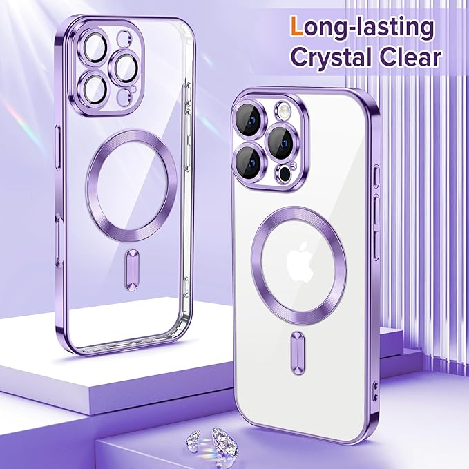Hython Magnetic Clear for iPhone 16 Pro Case with Camera Lens Protector [Compatible with MagSafe] Luxury Plating Edge Slim Soft TPU Cover Protective Phone Case for iPhone 16 Pro 6.3", Light Purple