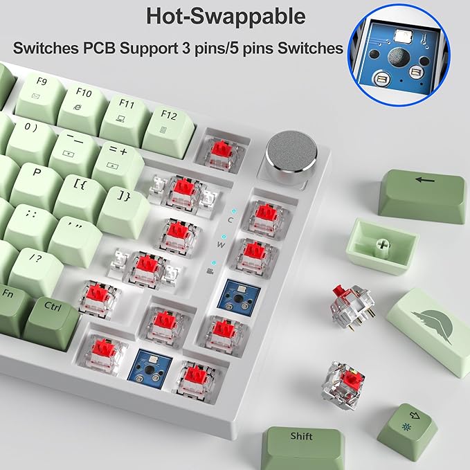 Fogruaden 75% Mechanical Gaming Keyboard - 75 Percent Matcha, Hot Swappable Gasket Mount, Red Switch, RGB Backlit 82 Keys TKL Mechanical Keyboard with Knob