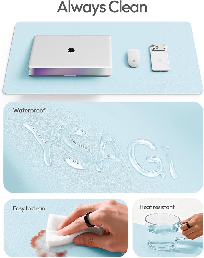 YSAGi Leather Desk Protector, Office Mat, Large Mouse Mat, Non-Slip PU Leather Blotter, Laptop Pad, Waterproof Writing Pad for Office and Home (Baby Blue, 23.6" x 13.8")