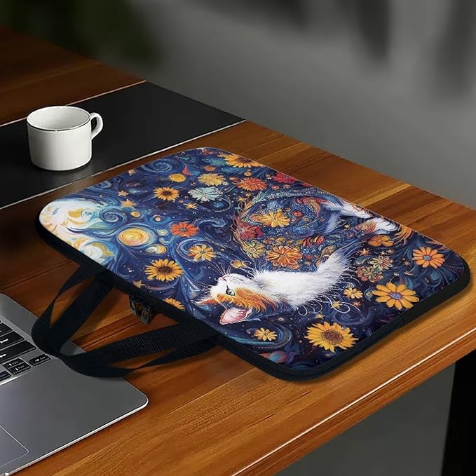 Starry Night Laptop Sleeve 15 Inch Laptop Protective Case Cute Cat Floral Computer Sleeve Neoprene Protective for 10-17 Inch Computer, Notebook, Chromebook, Tablet Bag