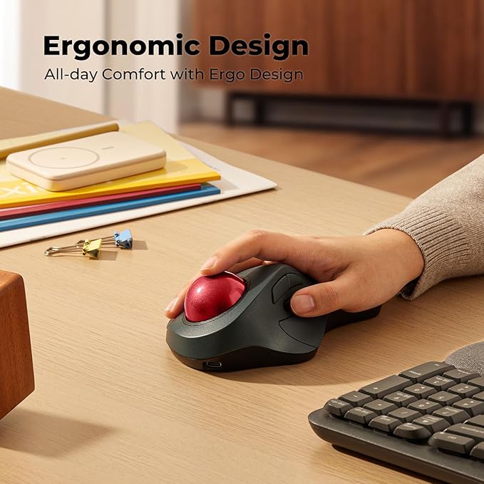 Wireless Trackball Mouse for Large Hands, Ergonomic Index Finger Control, Rechargeable Bluetooth/USB Mouse with Precise Smooth Tracking, Multi-Device Connection for Windows & Mac, Red