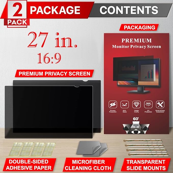 [2 Pack] 27 Inch Privacy Screen Filter for Widescreen 16:9 Monitor | Privacy Shield | Anti-Glare | Anti-Blue light | Eye Protection | Anti-SPY | Computer Security Private Filter Protector