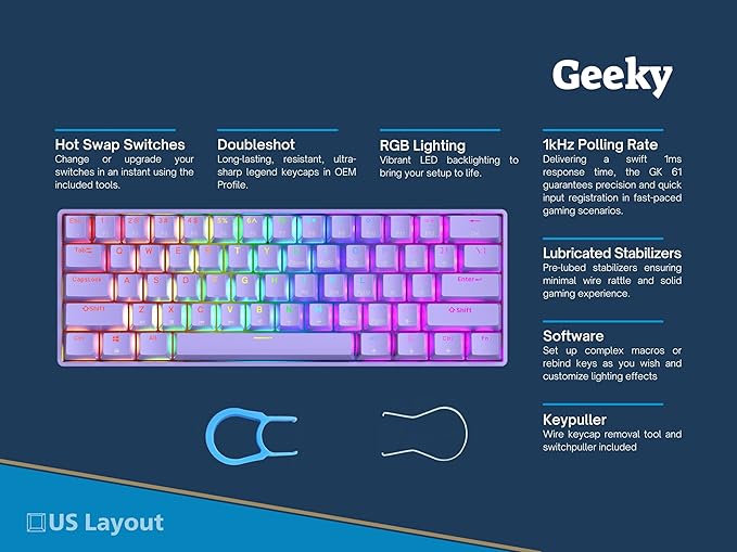 Geeky GK61 60% | Hot Swappable Mechanical Gaming Keyboard | 61 Keys Multi Color RGB LED Backlit for PC/Mac Gamer | ANSI US American Layout (Lavender, Mechanical Speed Yellow)
