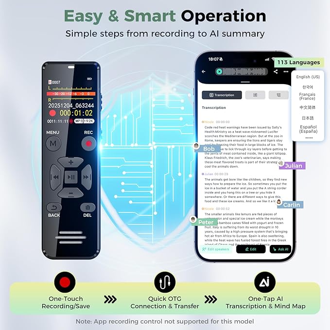 64GB AI Digital Voice Recorder with Playback: AI Transcribe & Summarize Note Taker, Voice Activated Recorder for Meetings & Lectures, 113 Languages Portable Recording Device, OTG Connection