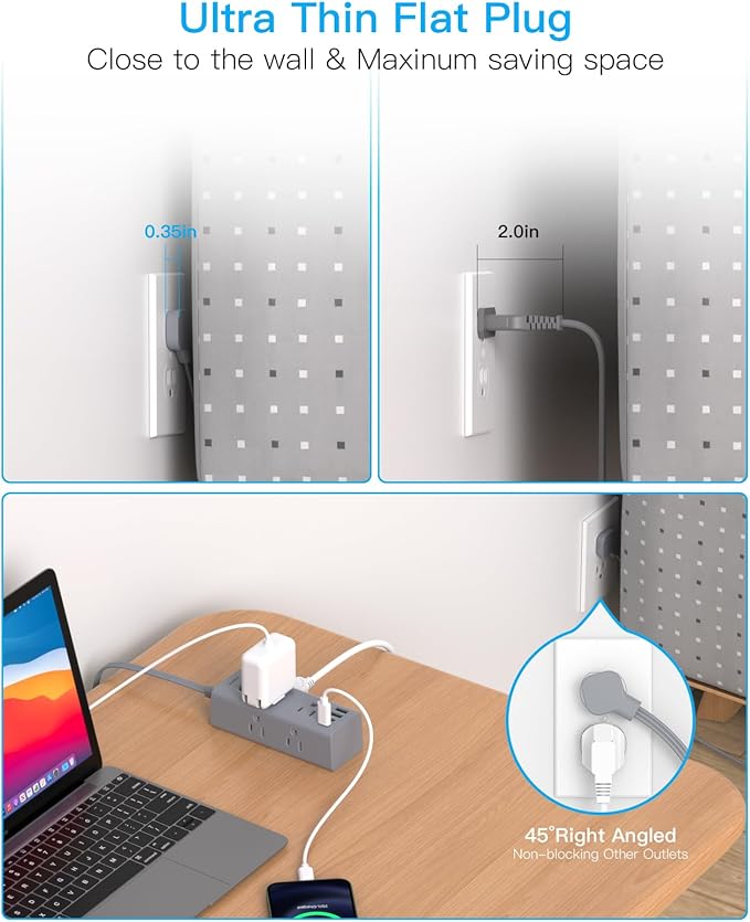 3Ft Extension Cord with Multiple Outlets, Flat Plug Power Strip Surge Protector with 3 Ft Cord, 6 Outlet 4 USB Ports (2 USB C), Multi Outlet Wall Plug for Travel, College, Dorm Room Essentials(Grey)