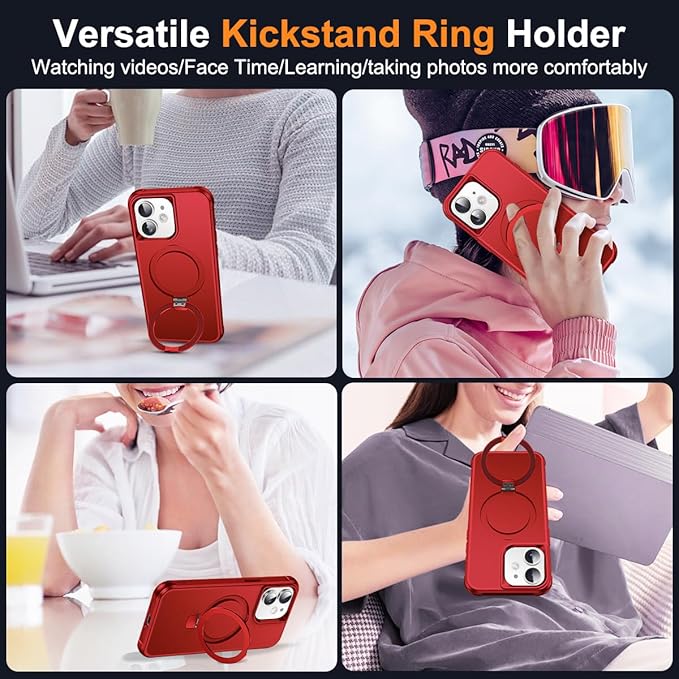 SKYLMW Compatible with iPhone 11 Case with Invisible Magnetic O-Ring Stand Military-Grade Case for iPhone 11 6.1" [Compatible with Mag-Safe][Great Grip Feeling], Red