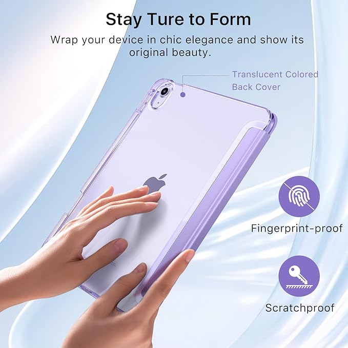 MoKo for iPad Air 11 inch Case (M4/M3/M2) 2026/2025/2024, iPad Air 5th/4th Gen 10.9 inch Case 2022/2020 with Pencil Holder, Slim Light Trifold Cover with Hard PC Translucent Back Shell, Lilac