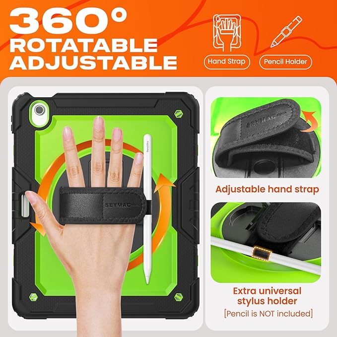 SEYMAC stock Case for iPad Air 13-inch M4-M2 2026-2024 (Gen 8-6), Shockproof Heavy Duty Case with Screen Protector, Pencil Holder, Rotating Stand, Hand Strap, Shoulder Strap, Green