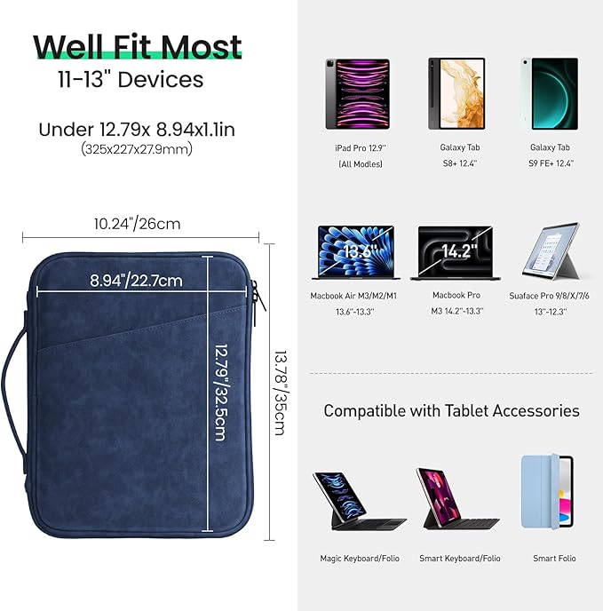 DTTO Tablet Sleeve Bag for New 13 Inch iPad Pro M4/iPad Air M2 2024, 12.9 Inch iPad Pro 6/5/4/3, 12.4 Inch Galaxy Tab S8+/S9+/S9 FE+, Surface Pro 9/8, Waterproof Travel for iPad Case Bag, Navy Blue