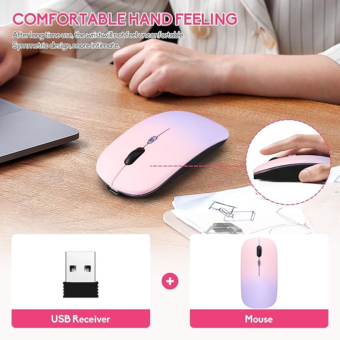 Wireless Bluetooth Mouse,LED Dual Mode Rechargeable Silent Slim Laptop Mouse,Portable(BT5.2+USB Receiver) Dual Mode Computer Mice,for Laptop,Desktop Computer,ipad Tablet,Phone,TV (Pinkish purple)