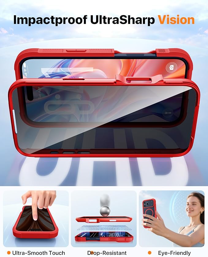 Diaclara Magnetic Designed for iPhone 17 Pro Case 6.3'' [Full Camera Protection] Full Body Bumper,[Compatible with MagSafe] Phone Case w/Built-in Privacy Screen Protector,Red