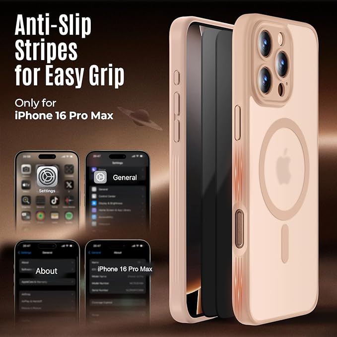 Symcele Designed for iPhone 16 Pro Max Case, Compatible with MagSafe, with Privacy Screen Protectors X2, [Camera Protection] [15FT Military Drop Protection] Shockproof Phone Case, 2024, Light Brown