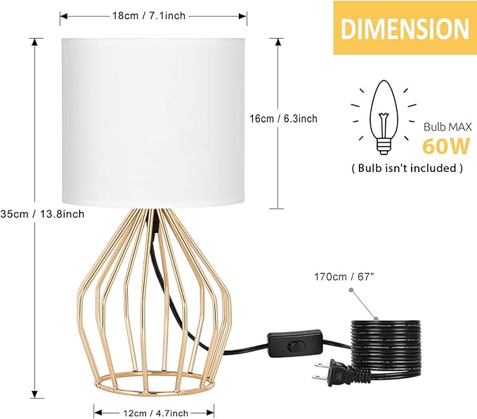 HAITRAL Gold Table Lamp - Modern Style Desk Lamp with Hollowed Out Base Linen Fabric Shade, Small Golden Bedside Lamp for Bedrooms, Living Room
