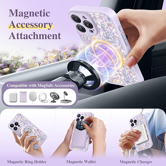 GVIEWIN for iPhone 16 Pro Case Compatible with MagSafe, [Military Grade Protection] [Screen Protector] Full Camera Protection Floral Translucent Women Magnetic Phone Case, Apricot Blossom/Purple