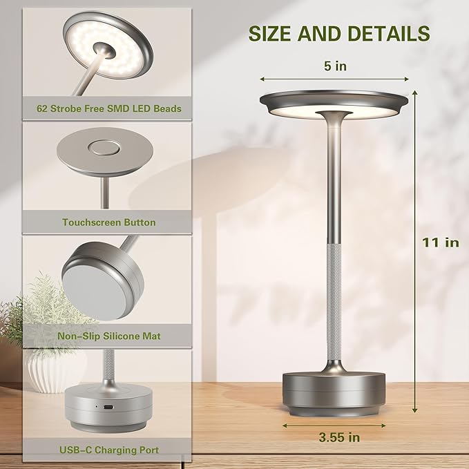 LED Cordless Table Lights Set of 2, Built-in 5000mAh Battery Rechargeable Outdoor Waterproof Portable Touch Battery Table Lamps with Memory Function,for Patio/Campsite/Work（Silver ）