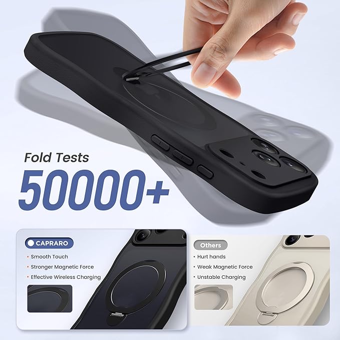 CAPRARO for iPhone 17 Pro Max Case with 360° Spin Magnetic Stand for Women, [Compatible with MagSafe] [Full Camera Protection] Cute Wave Translucent Matte Case for iPhone 17 Pro Max, Black