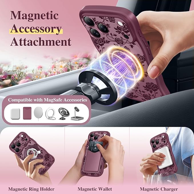 GVIEWIN for iPhone 17 Pro Max Case Compatible with MagSafe [Curly Wave Edge][Full Camera Protection] Floral Translucent Shockproof Magnetic Women Phone Case for 17 Pro Max, Filigree Rose/Burgundy
