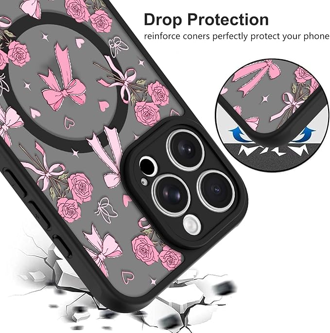 KANGHAR Case Compatible with iPhone 16 Pro Bows Bouquet Pattern [Compatible with Magsafe] Cute Flowers Florals Protective Magnetic Case for Girls Women Men