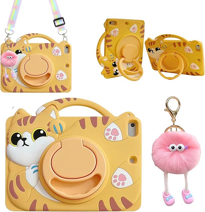 3D Cute Vivid Cat Case for iPad 10th Generation (2022) 10.9 inch/iPad (A16) 11th 2025 11 inch,Cartoon Character Pretty Cat Soft Silicone Rotating Stand Case with Lanyard for Kids Teens Girls Women